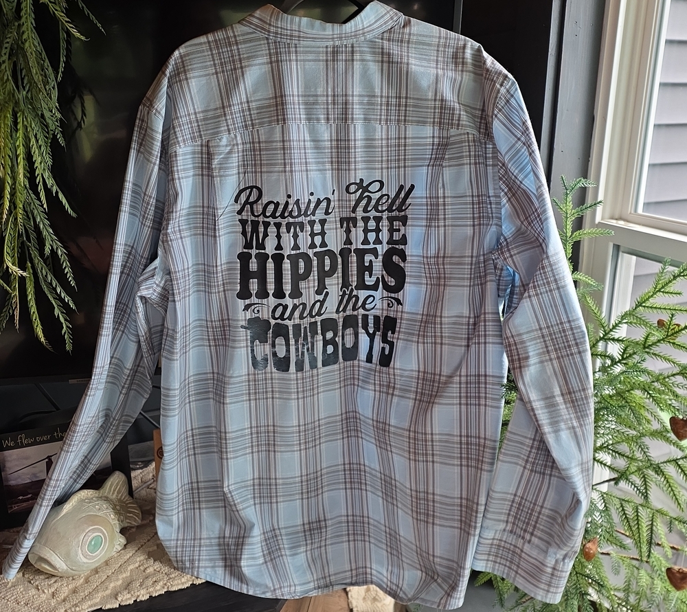 George Light Blue Plaid Button-Down Shirt with Custom Graphic